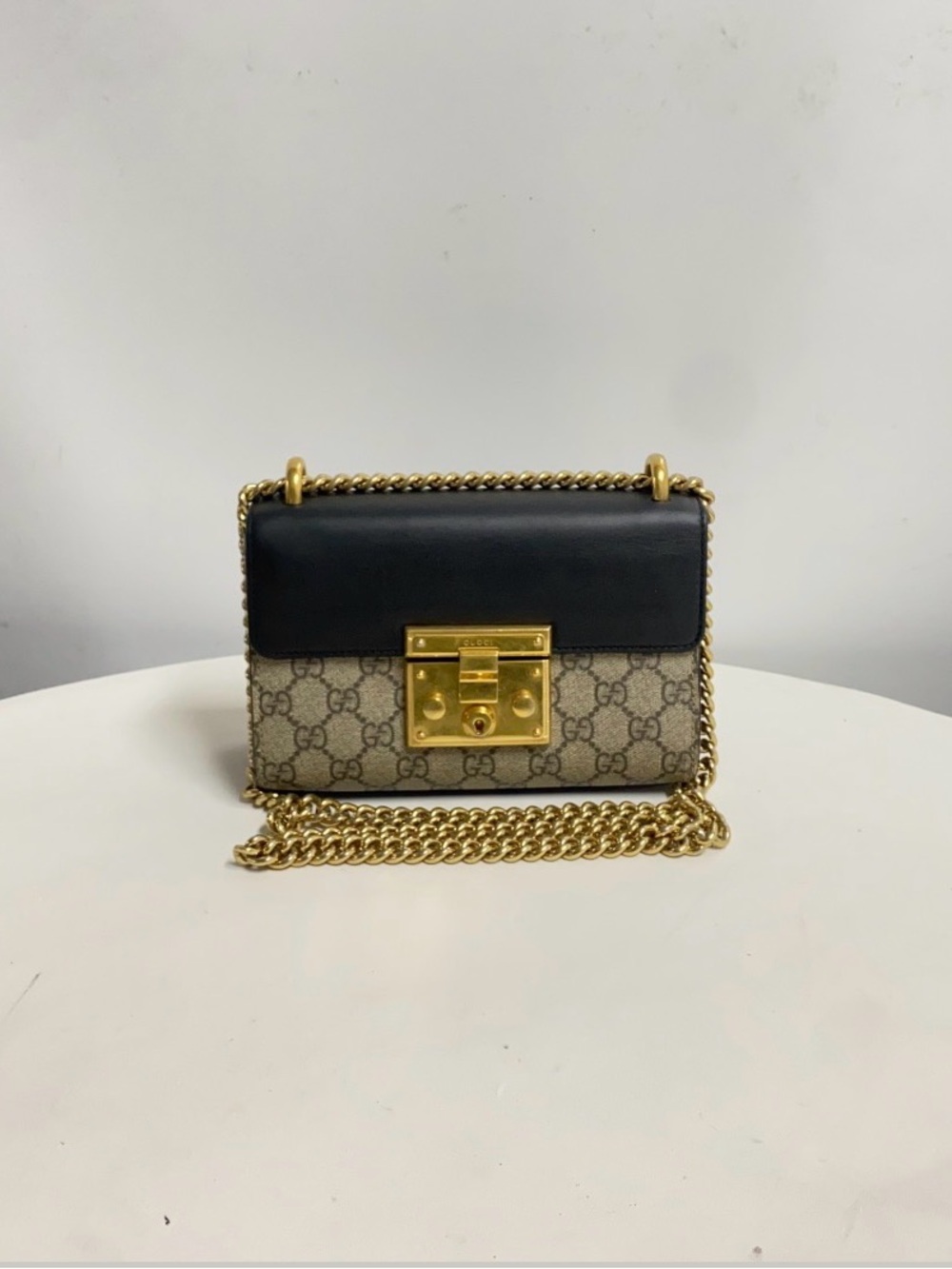 Gucci Black Leather & Beige GG Chain Crossbody with Gold Hardware
